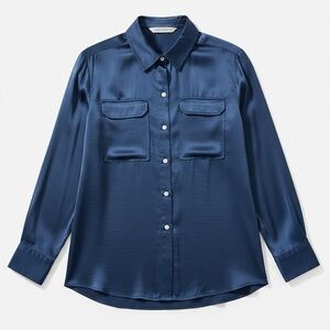 Silk Button-Up Shirt in Navy Blue